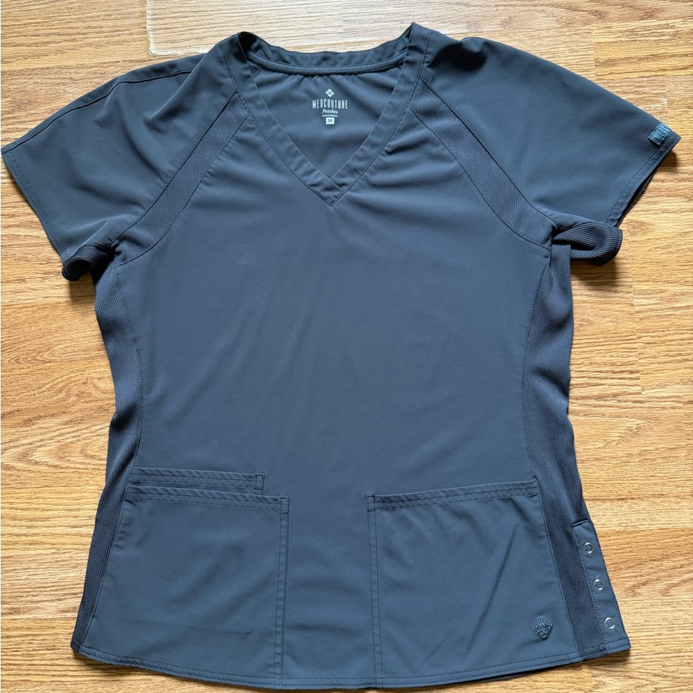 Med Couture Women's Charcoal Short Sleeve scrub top.